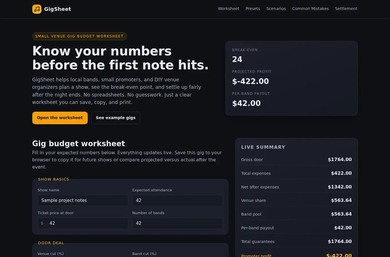 Screenshot of GigSheet — Small Venue Gig Budget Worksheet interface showing the project page in use